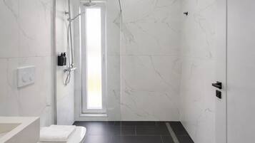 A modern bathroom with a shower, toilet, and sink.