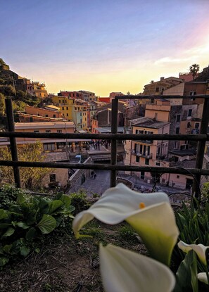 A view of a hillside town with colorful buildings and a wooden fence in the foreground. - Pensione Sorriso (Vernazza)
