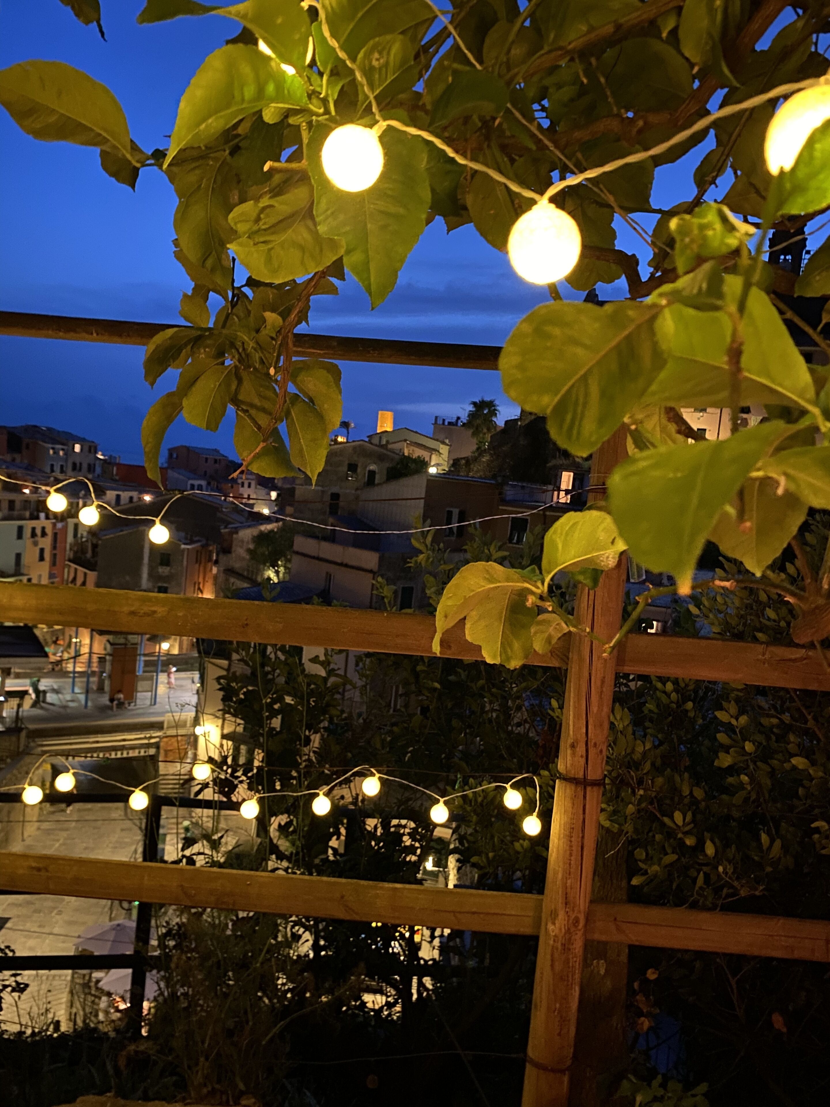 Un balcón con luces de cuerda y vista a un pueblo al anochecer.