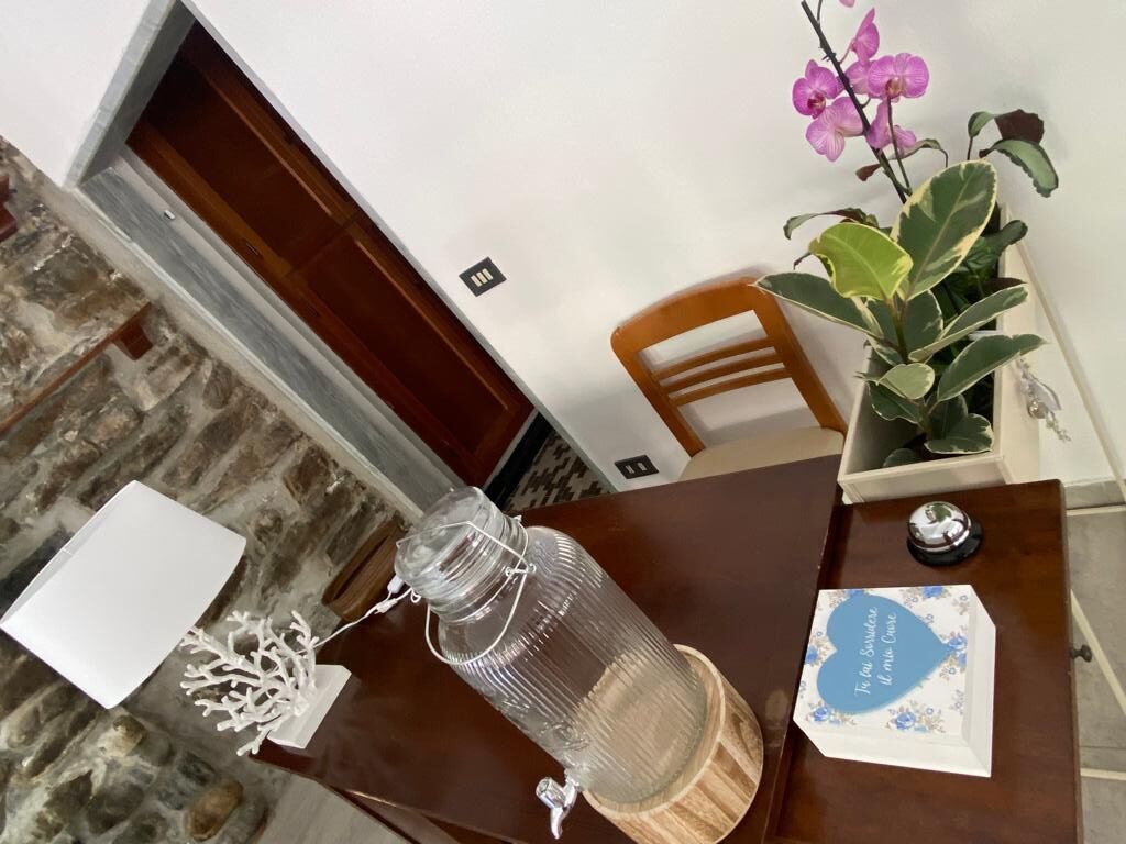 A wooden table with a clear glass bottle, a white decorative item, a card, and a potted plant with large green leaves.