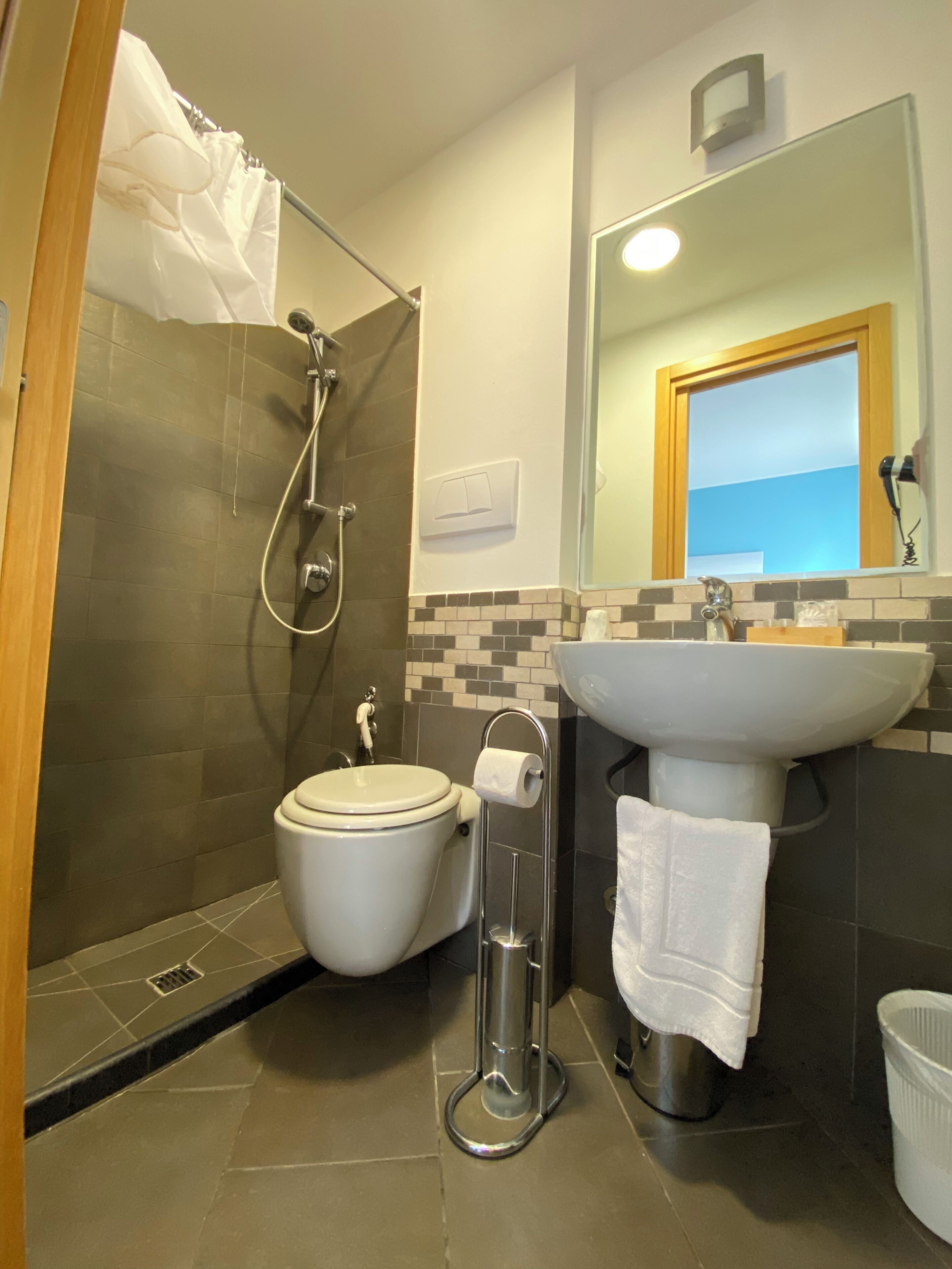 Ein Badezimmer mit Toilette, Dusche, Waschbecken und Handtuchhalter.