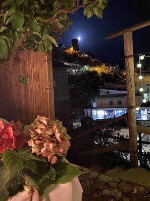 A night view of a hillside with buildings, a wooden fence, and a potted plant with pink flowers. - Pensione Sorriso (Vernazza)