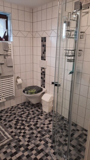 Shower, hair dryer, soap, shampoo