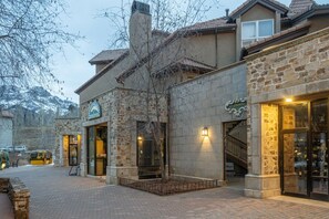 A stone building with a glass entrance, a staircase, and a mountain backdrop.