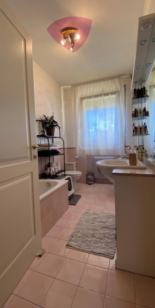 Hair dryer, bidet, towels, soap
