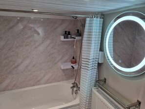 Hair dryer, towels, soap, shampoo