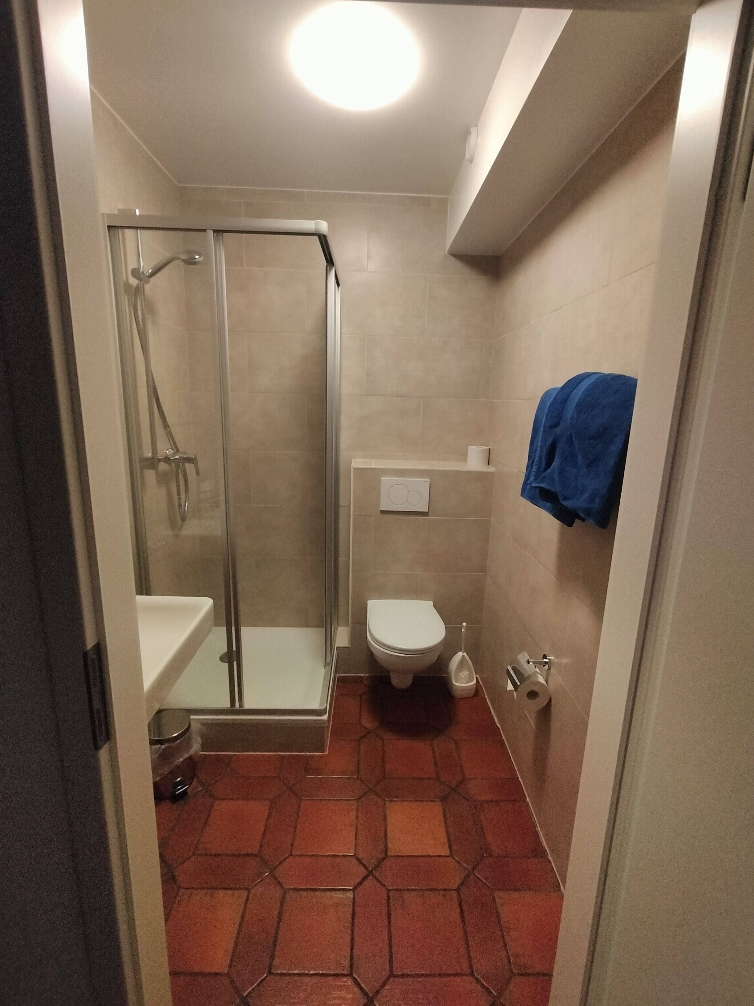 Une salle de bain avec une douche à parois de verre, des toilettes et un lavabo.