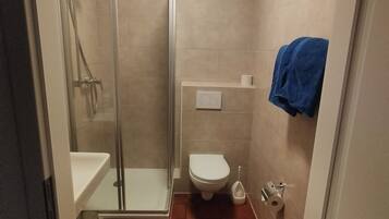 Une salle de bain avec une douche à parois de verre, des toilettes et un lavabo.