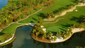 Campo de golf con un cuerpo de agua, palmeras y una zona arenosa.