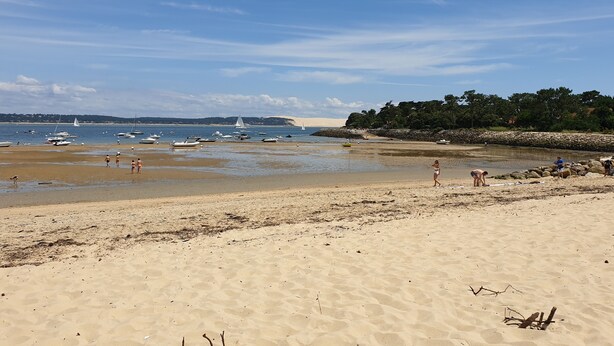 Une plage de sable avec des bateaux et des gens.