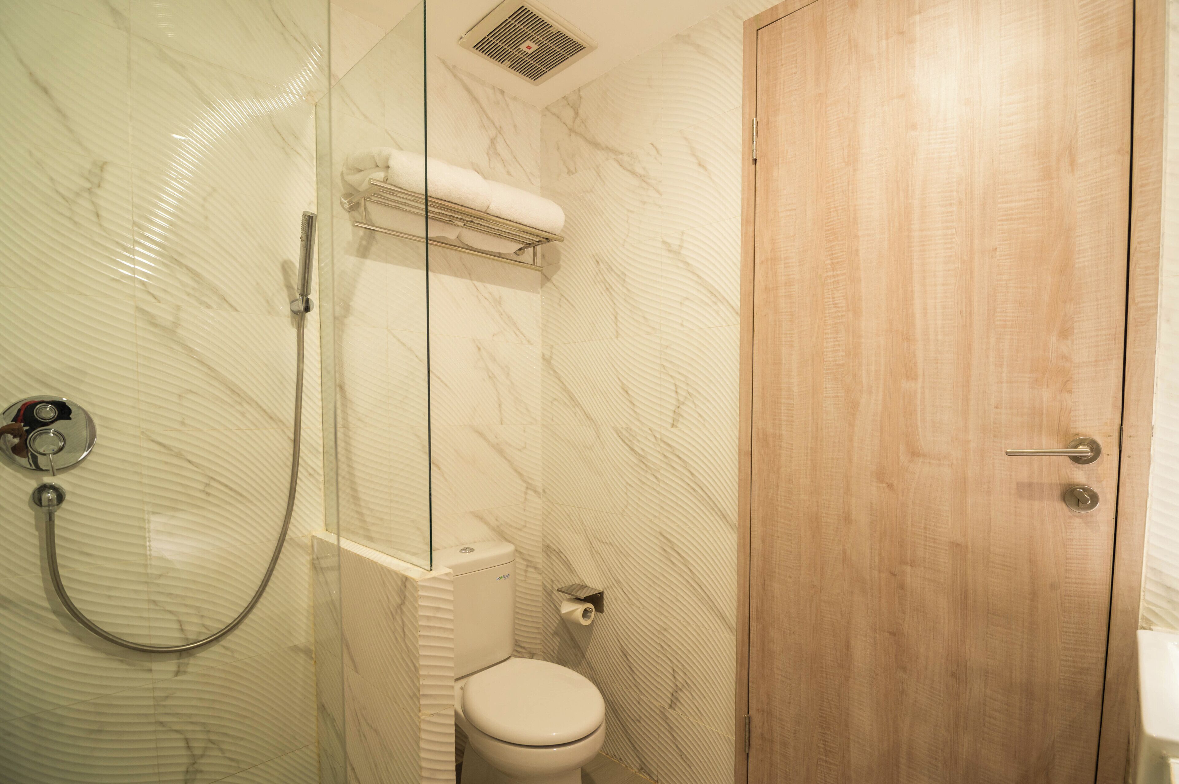 Un baño con ducha separada por mampara de vidrio, un inodoro y una puerta de madera.