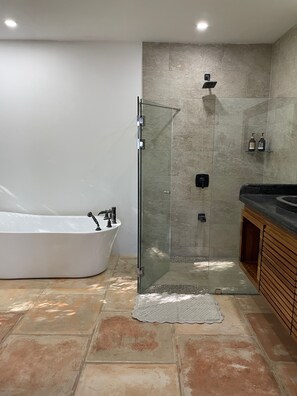 Shower, towels, soap, shampoo