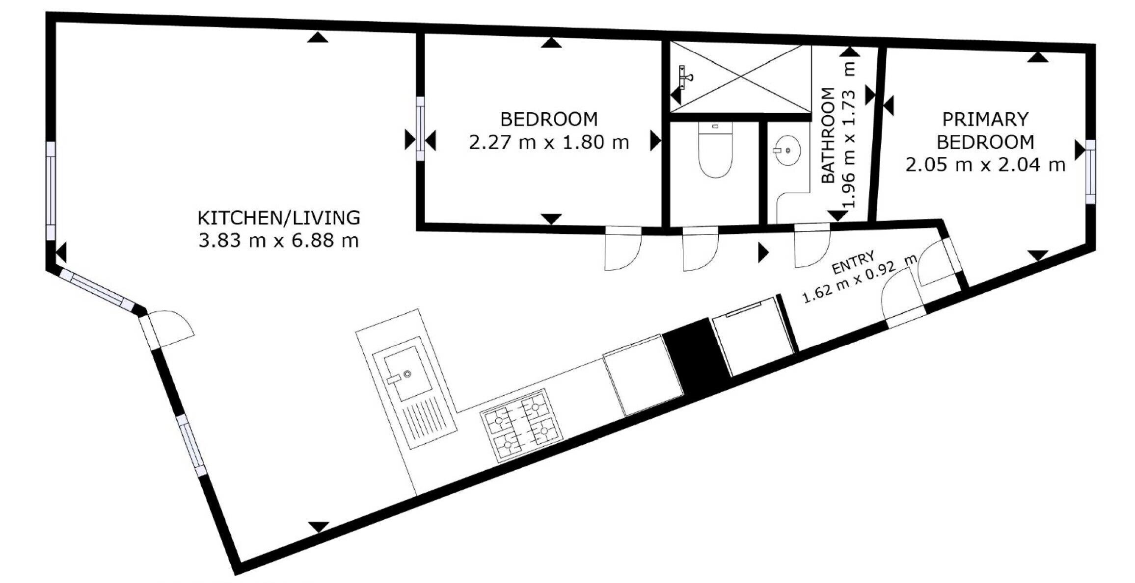 Un plan d’étage comprenant une cuisine/pièce à vivre (3,83 m x 6,88 m), une chambre (2,27 m x 1,80 m), une chambre principale (2,05 m x 2,04 m) et une salle de bain (1,96 m x 1,73 m).