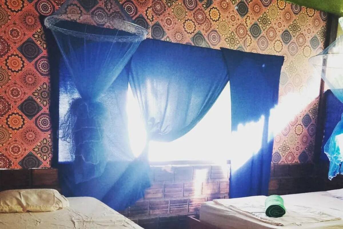 Una habitación con dos camas, un mosquitero y papel tapiz estampado.
