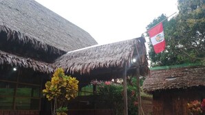 A traditional thatched-roof building with a flag, surrounded by greenery and a small tree. - Iquitos (San Juan Bautista)