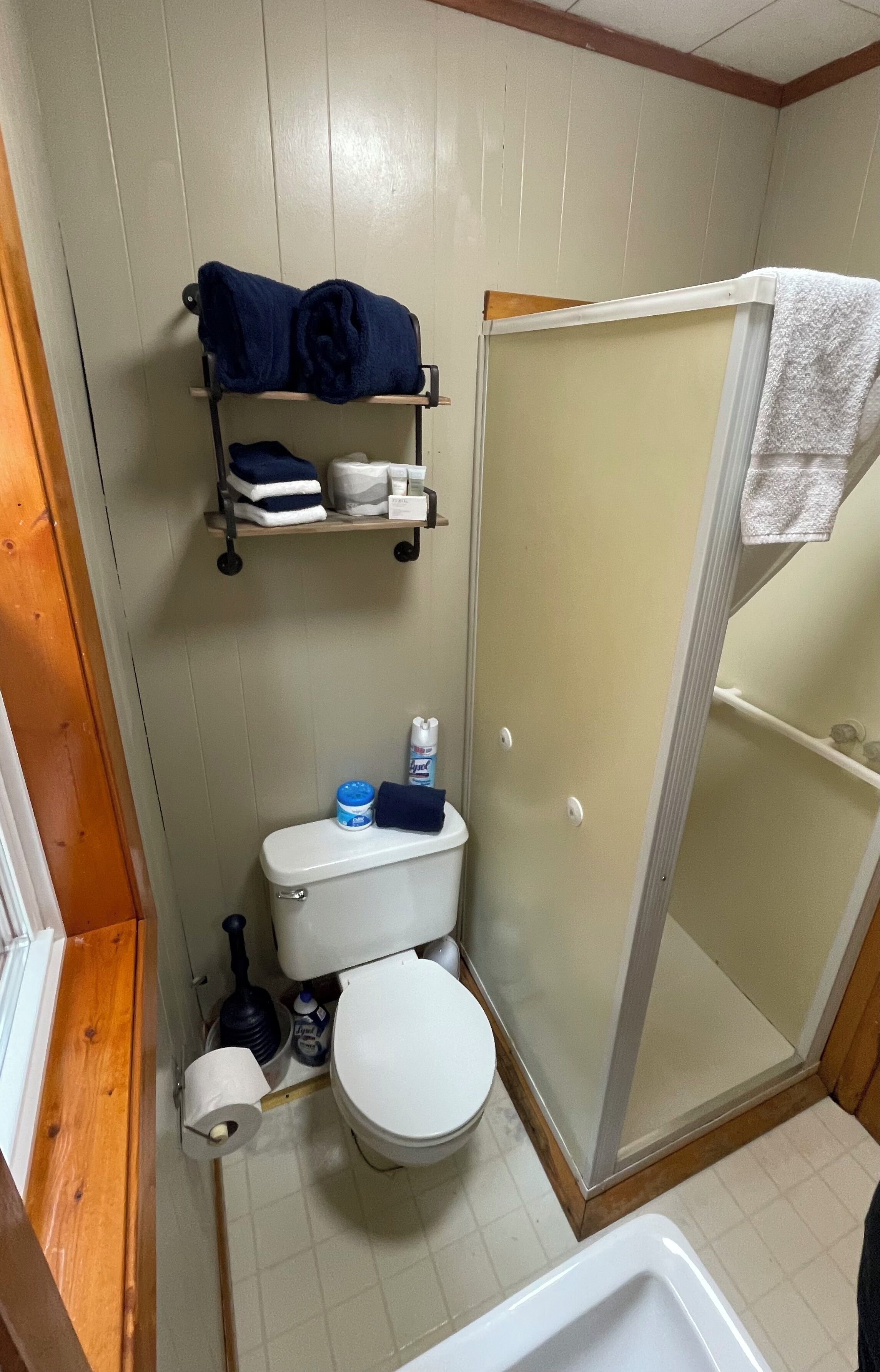 Een badkamer met een toilet, een douchecabine, een plank met handdoeken en een toiletborstel.