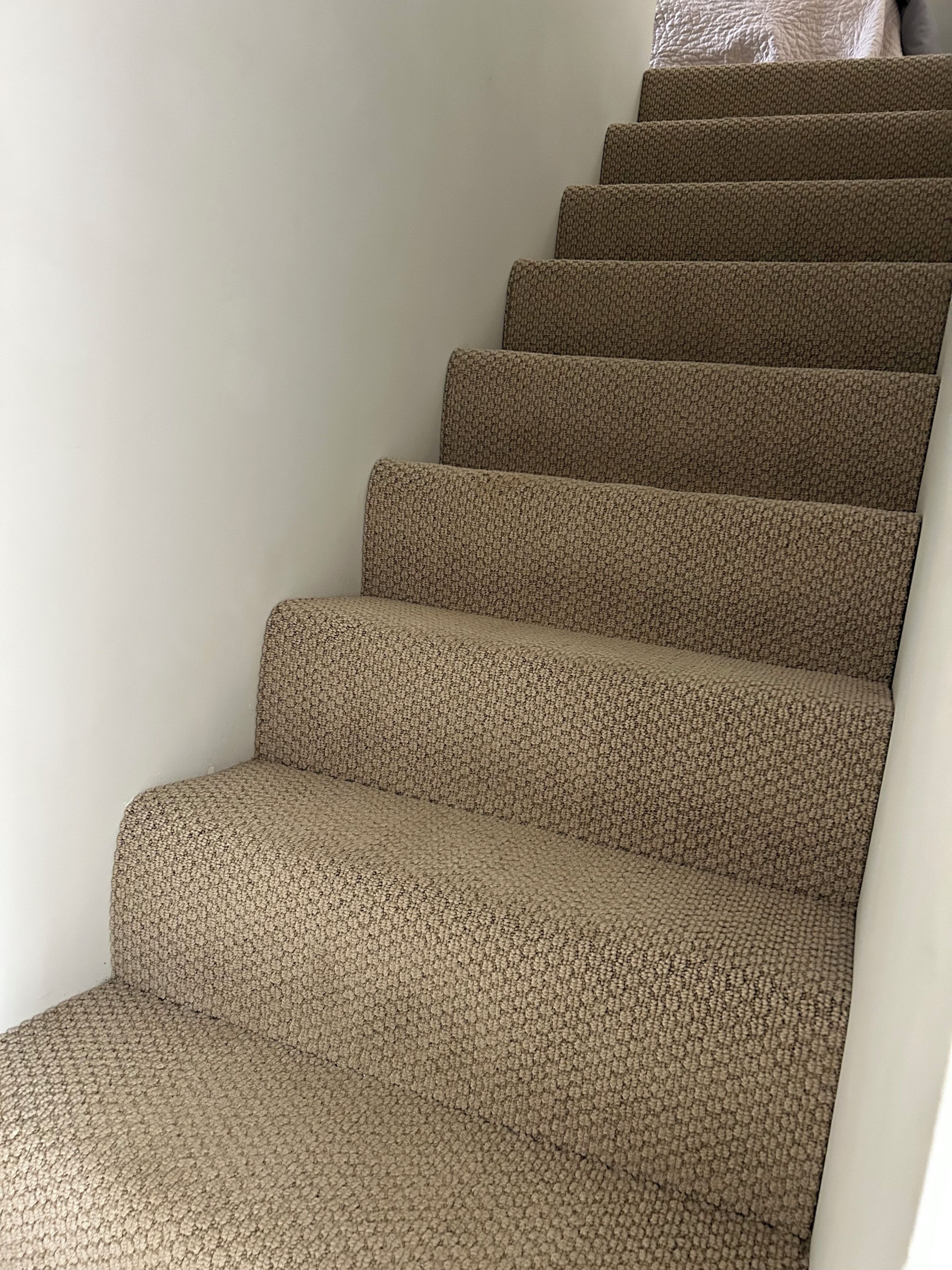 A carpeted staircase with a textured pattern.