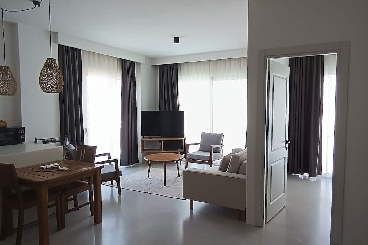 A modern living room with a dining area, a flat-screen TV, and a sofa.