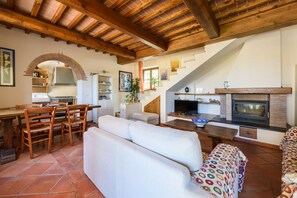 Flat-screen TV, fireplace