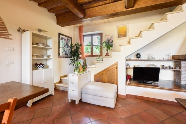Flat-screen TV, fireplace
