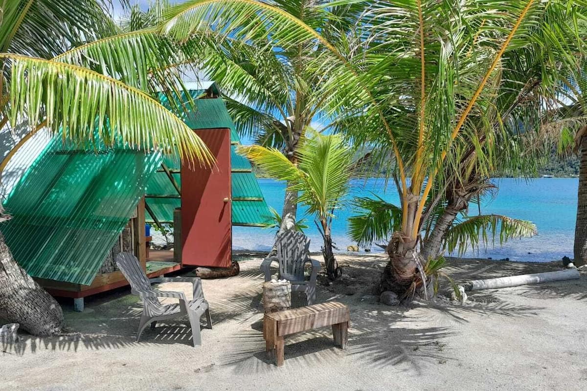Une plage avec un banc en bois, une petite cabane et une chaise placée sous un palmier.