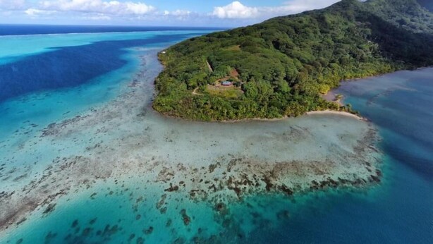 Vue aérienne d’une île tropicale aux eaux turquoise et limpides, à la végétation luxuriante et à un petit village dont on distingue les bâtiments.