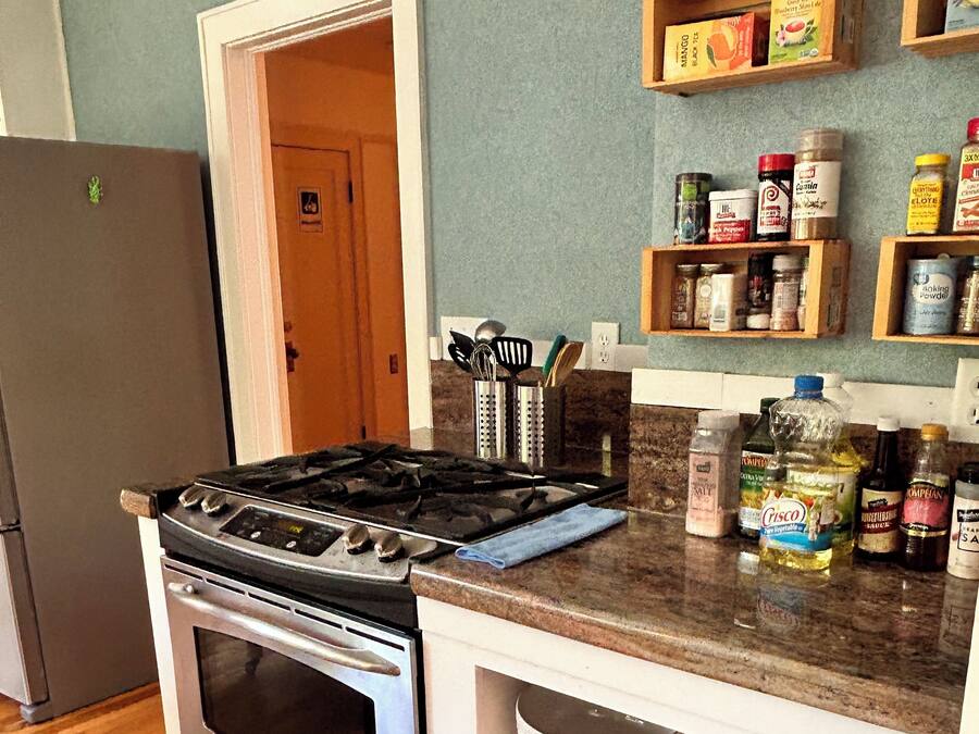 Una cocina con estufa a gas, horno y estantes de madera que sostienen diversas especias y condimentos.