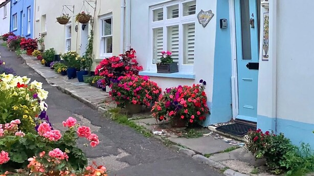 Fileira de casas geminadas com floreiras e uma porta azul.