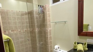 Een badkamer met een douchecabine van glas, een toilet, een wastafel met spiegel en een handdoekhouder.