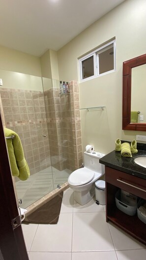 Douche, sèche-cheveux, serviettes fournies, savon