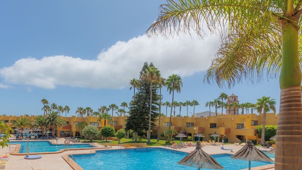 Un área de piscina en un resort con varias piscinas, tumbonas y palmeras.