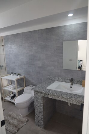 Shower, hair dryer, towels, soap