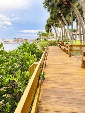 Un muelle de madera con barandillas, bordeado de vegetación verde y palmeras, que conduce a una zona frente al mar con edificios al fondo.