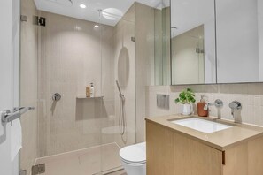 Hair dryer, towels, soap, shampoo