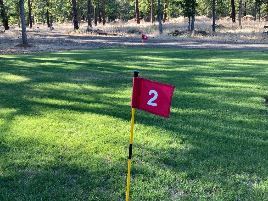 A golf course with a red flag marked '2' on a yellow pole.