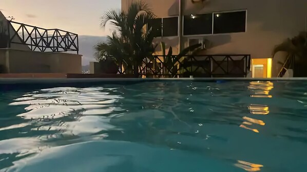 A swimming pool with clear water, surrounded by palm trees and a building with large windows.