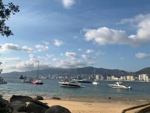 A marina with boats docked, a sandy beach, and a cityscape in the background.