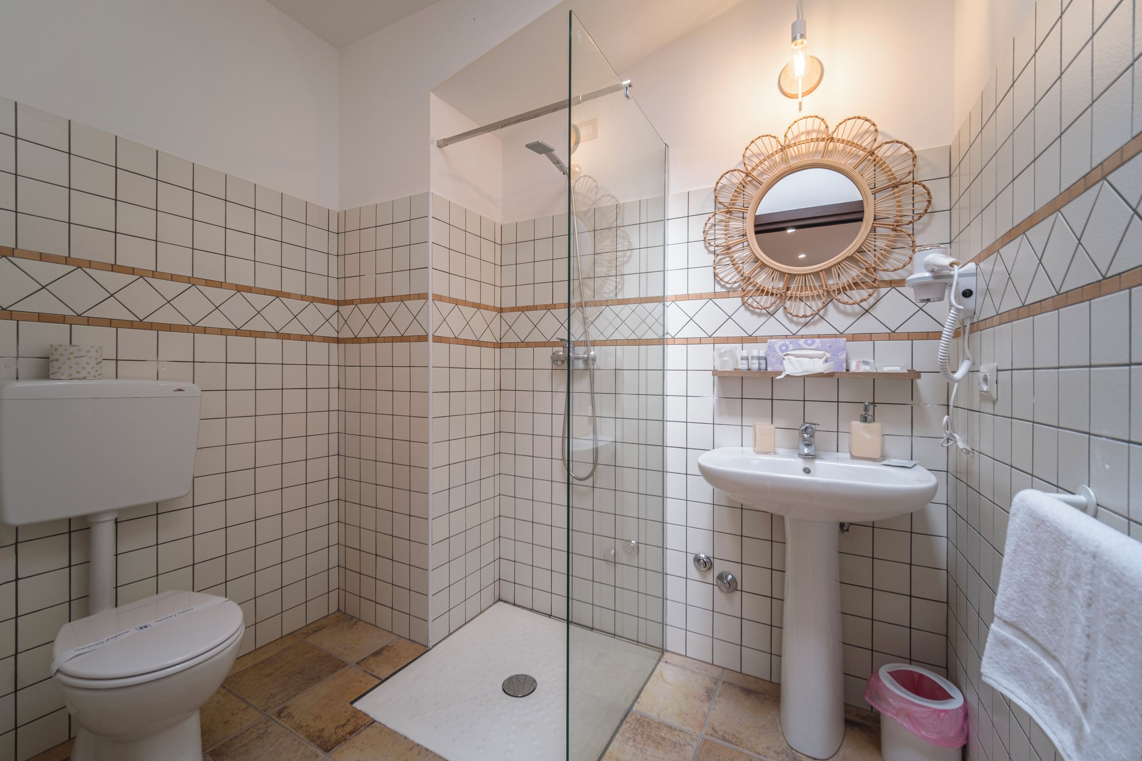 Ein modernes Badezimmer mit einer Duschkabine, einer weißen Toilette, einem Standwaschbecken und einem dekorativen Spiegel.