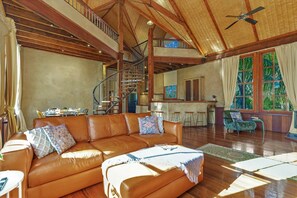 TV, fireplace, books, offices