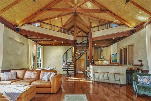 TV, fireplace, books, offices