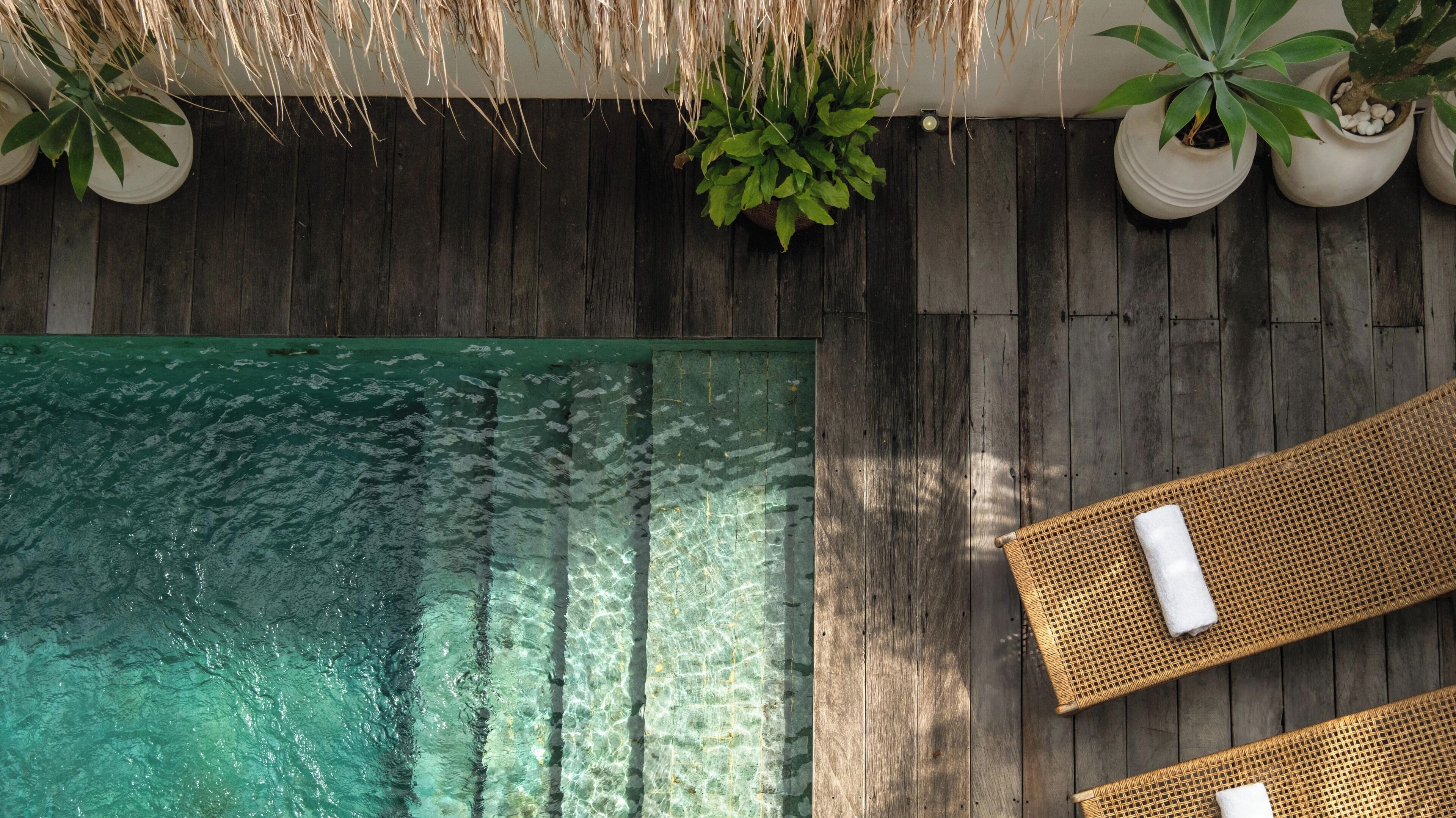 Une piscine sur le toit, avec une eau cristalline, entourée d’une terrasse en bois et de plantes en pot.