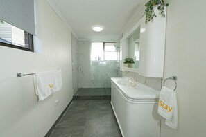 Hair dryer, towels, soap, shampoo