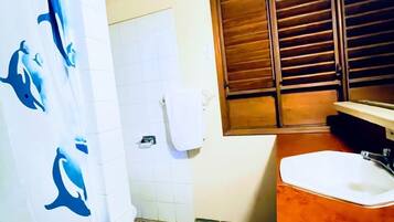 A bathroom with a shower curtain featuring dolphin designs, a white sink, and a window with wooden shutters.
