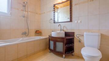 Hair dryer, towels, soap, shampoo