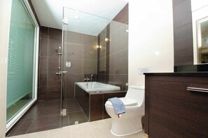 Shower, hair dryer, towels, toilet paper