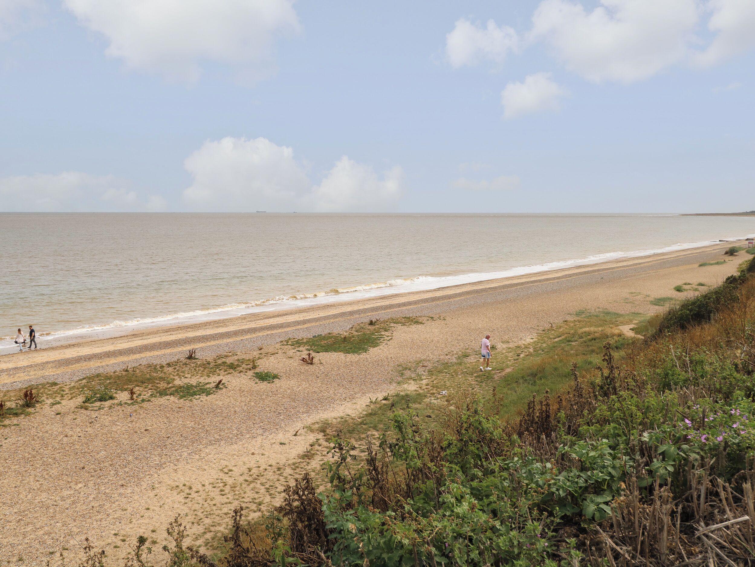 A beach with a pebbly shore, a grassy area, and a person standing on the sand.
