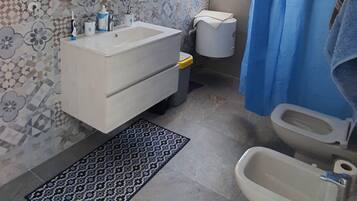 Douche, sĂšche-cheveux, bidet, serviettes fournies