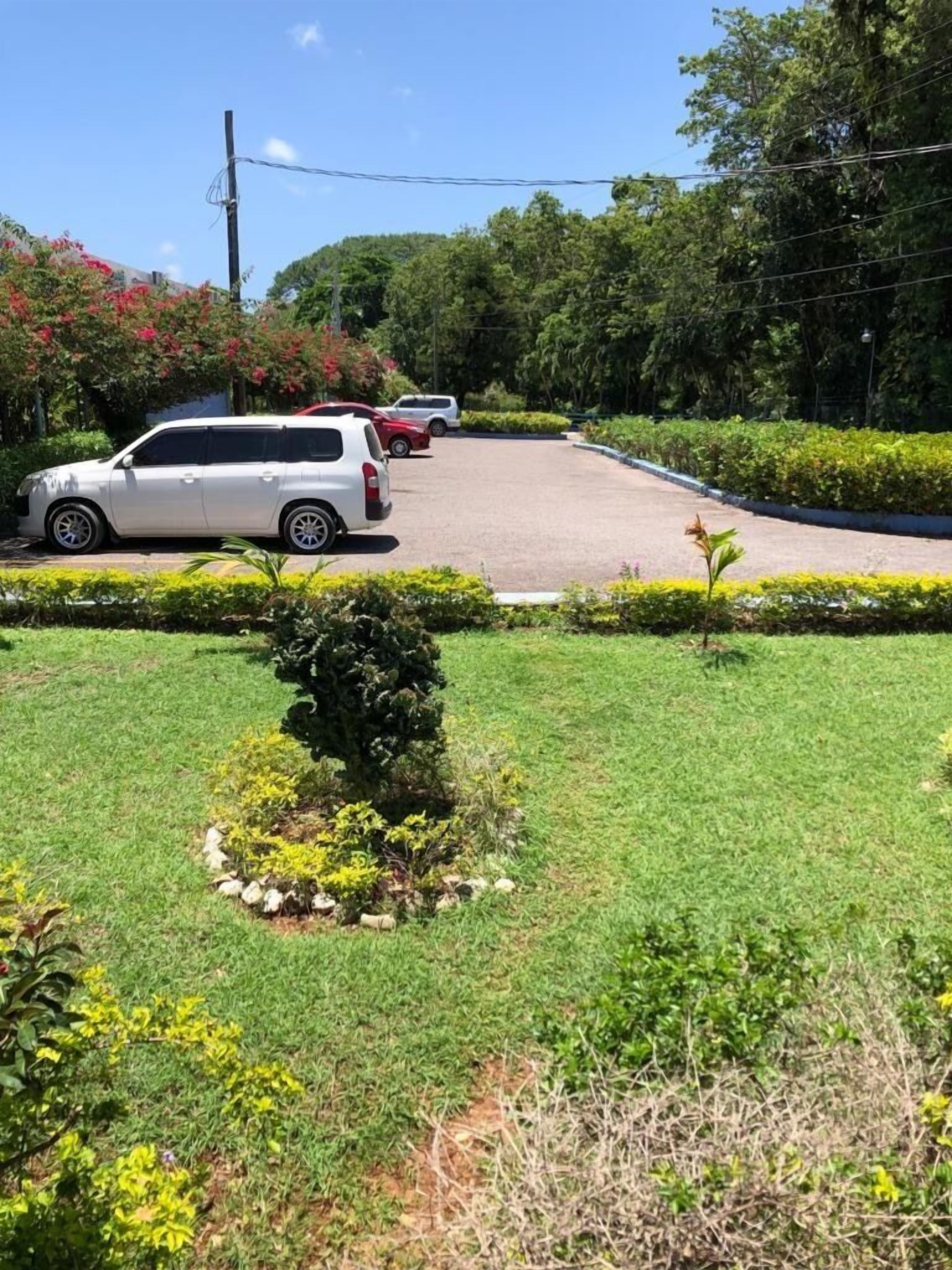 A parking area with a white SUV and a red car parked. There are green lawns and bushes around.