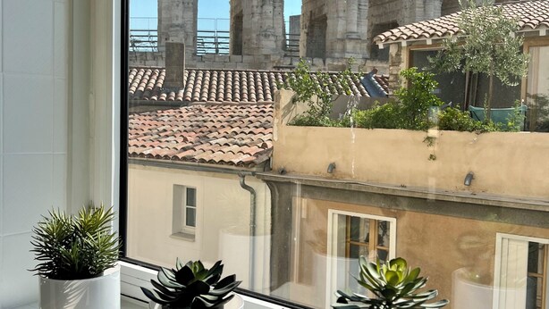 A window with three potted plants on a windowsill, overlooking a historic building with arches and tiled roofs. - Duplex le Saint Paul Avec vue sur les Arènes Darles (Arles)