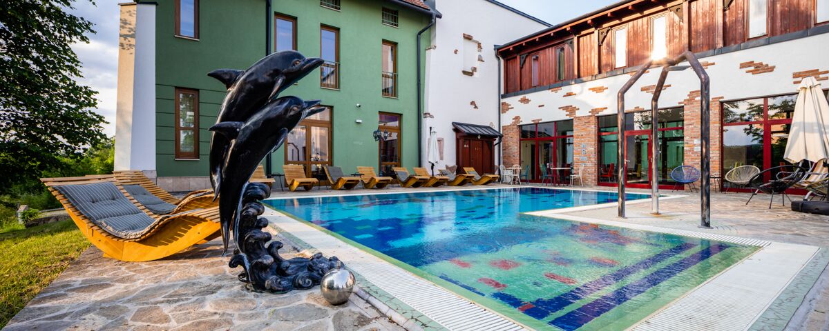 Una piscina con sillas de descanso, una escultura de delfín y un tapete estampado.